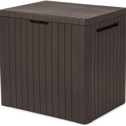 Keter City 30 Gallon Resin Deck Box for Patio Furniture, Pool Accessories, and Storage for Outdoor Toys, Brown