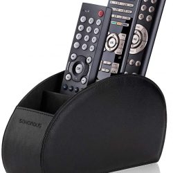 Remote Control Holder with 5 Compartments (Black) – PU Leather TV Remote Organizer – Remote Caddy Desktop Organizer for TV Remote, DVD, Controllers – Media Accessory Storage & Organizer by SONOROUS