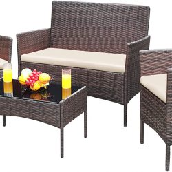 Greesum Patio Furniture 4 Pieces Conversation Sets Outdoor Wickerr Rattan Chairs Garden Backyard Balcony Porch Poolside loveseat with Soft Cushion and Glass Table, Brown and Beige