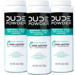 DUDE Body Powder, Menthol Chill 4 Ounce (3 Bottle Pack) Natural Deodorizers Cooling Menthol & Aloe, Talc Free Formula, Corn-Starch Based Daily Post-Shower Deodorizing Powder for Men