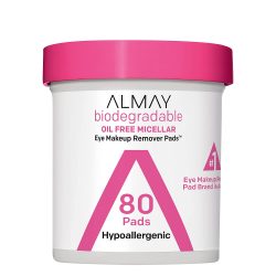 Almay Biodegradable Oil Free Micellar Eye Makeup Remover Pads, Hypoallergenic, Cruelty Free, Fragrance Free Cleansing Wipes, 80 count