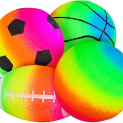 4 Pack Rainbow Sports Balls Set 6 Inch Inflatable Vinyl Balls with Added Hand Air Pump, Neon Basketball, Soccer Ball, Volleyball and Football for Kids and Toddlers Playground Indoor and Outdoor Use