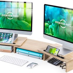 AMERIERGO Dual Monitor Stand -Adjustable Length and Angle Dual Monitor Riser, Computer Monitor Stand w/2 Slot, Desktop Organizer, Monitor Stand Riser for PC, Computer, Laptop (Wood)