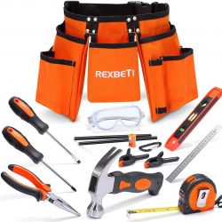 REXBETI 15pcs Young Builder’s Tool Set with Real Hand Tools, Reinforced Kids Tool Belt, Waist 20″-32″, Kids Learning Tool Kit for Home DIY and Woodworking