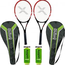 Xcello Sports 2-Player Aluminum Tennis Racket Set – Includes Two Rackets. Six All Court Balls, and Two Carry Cases – Available in 23″ or 27″