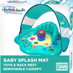 SwimSchool Baby Splash Play Mat with Adjustable Canopy – Inflatable Play Pool for Babies & Infants with Backrest – Includes Baby Water Toy Rings