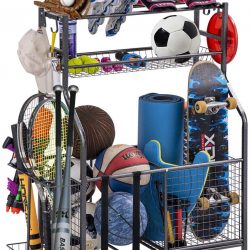 Garage Sports Equipment Storage Organizer with Baskets and Hooks – Easy to Assemble – Sports Ball Gear Rack Holds Basketballs, Baseball Bats, Footballs, Tennis Rackets and More (King)