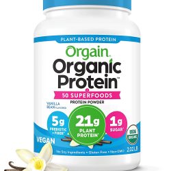 Orgain Organic Protein + Superfoods Powder, Vanilla Bean – 21g of Protein, Vegan, Plant Based, 5g of Fiber, No Dairy, Gluten, Soy or Added Sugar, Non-GMO, 2.02lb