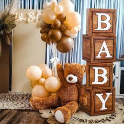 Baby Shower Boxes for Birthday Party Decorations – 4 Wood Grain Brown Blocks with BABY Letter, Printed Letters,First Birthday Centerpiece Decor, Teddy Bear Baby Shower Supplies, Gender Reveal Backdrop