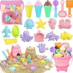 REZUCREY Beach Toys, Ice Cream Sand Toys for Toddlers, Collapsible Sand Bucket and Shovels Kids Beach Toys with Bag Sandbox Toys for Toddlers Travel Beach Toys for Boys Baby Girls Age 2 3 4 5 6 7 8+