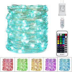 Color Changing Fairy String Lights – 33 ft 100 LED USB Silver Wire Lights with Remote and Timer, Starry Fairy Lights for Bedroom Party Wedding Craft Tree Indoor Decor, 16 Colors, Adapter Included