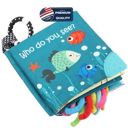 Fish Soft Cloth Book, Crinkle Baby Books Toys Shark Tails Soft Activity Early Education Toy for Babies,Toddlers,Infants,Kids, Teether Ring,Teething Baby Book Baby Shark,Octopus, Ocean Sea Animal Books