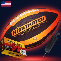 NIGHTMATCH Light Up LED Football – Official Size 6 – Extra Pump and Batteries – Perfect Glow in The Dark American Football with Spare Batteries – Waterproof Glow Football with Two LEDs